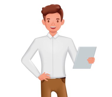 Elinde klasör dizini tasarımı olan bir iş adamı. 3d vektör illüstrasyonu.