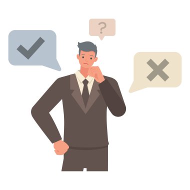 İş kararı illüstrasyon konsepti. Ofis planlama, düşünme ve ekonomik analizlerde çalışan iş adamları. Ofis adamı karakter tasarımı.. 