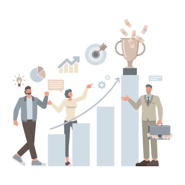 İş motivasyonu illüstrasyon kavramı. Ofis planlama, düşünme ve ekonomik analizlerde çalışan iş adamları. Ofis adamı ve kadın karakter vektör tasarımı.. 