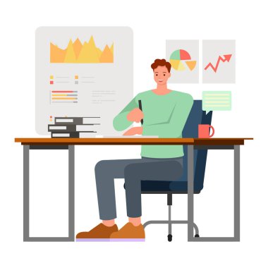 Ofis planlama, düşünme ve ekonomik analiz karakter vektör tasarımında çalışan iş adamları.