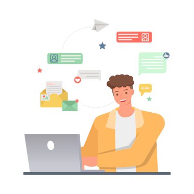 İzole edilmiş beyaz arka planda planlama, düşünme ve ekonomik analiz için dizüstü bilgisayarla çalışan iş adamları. Ofis adamı karakter vektör tasarımı. 