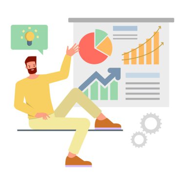 İş projesi konsepti. İş adamı, kurul karakter tasarımı üzerine oturum ve sunum planları.