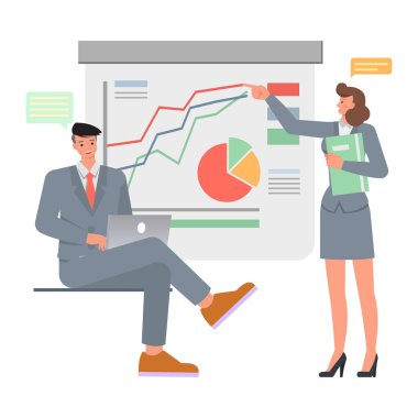 İş sunumu illüstrasyon konsepti. Ofis adamı ve kadın karakter vektör tasarımı. Ofis planlama, düşünme ve ekonomik analizde çalışan iş adamları izole edilmiş beyaz arka plan üzerinde çalışıyorlar.