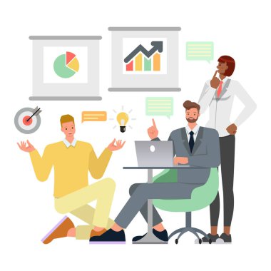 Takım çalışması konsepti. Ofis adamı ve kadın karakter vektör tasarımı. Ofis planlama, düşünme ve ekonomik analizde çalışan iş adamları izole edilmiş beyaz arka plan üzerinde çalışıyorlar.