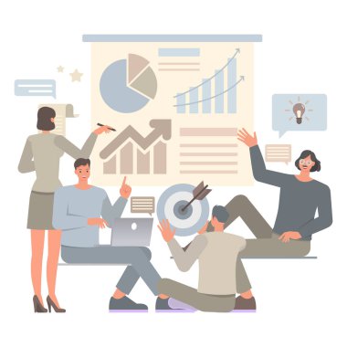 Takım çalışması illüstrasyon konsepti. Ofis planlama, düşünme ve ekonomik analizlerde çalışan iş adamları. Ofis adamı ve kadın karakter vektör tasarımı.. 