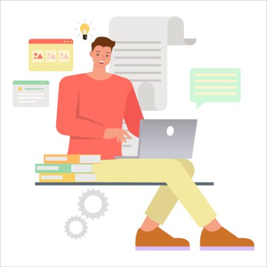 İş hayatı kavramı. Ofis çalışanı, planlama, düşünme ve ekonomik analiz karakter vektör tasarımı fikriyle çalışıyor.