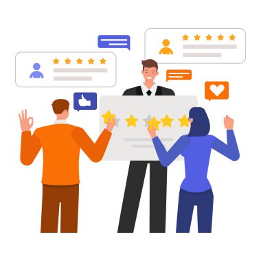 İllüstrasyon deneyimi. İş adamları karakter vektör tasarımı. Müşteri, iş hayatına yıldız puanı verdi.