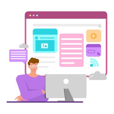 Ofisteki adam internet sitesi oluşturmak için bilgisayar üzerinde çalışıyor. İş adamları karakter vektör tasarımı. 