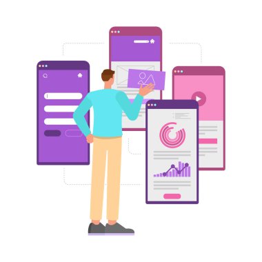 kullanıcı arayüzü çizimi kavramı. Ofisteki adam web sitesi oluşturmaya çalışıyor. İş adamları karakter vektör tasarımı. 