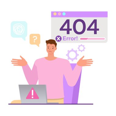Web hata sayfası illüstrasyon kavramı. Ofisteki adam dizüstü bilgisayar karakter vektör tasarımı üzerinde çalışıyor. 
