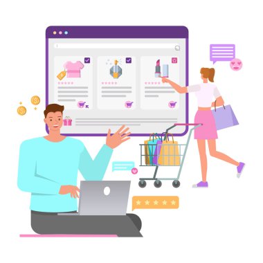 Web E Ticaret illüstrasyon konsepti. Ofisteki adam internet sitesi oluşturmak için dizüstü bilgisayarda çalışıyor. İş adamları karakter vektör tasarımı. 