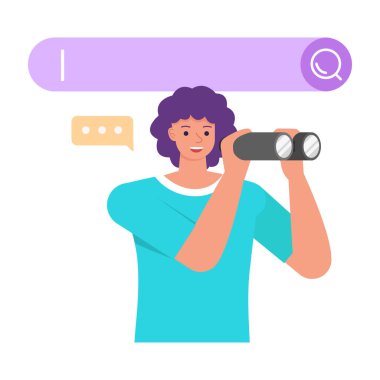 Web arama çubuğu çizimi konsepti. Ofis çalışanı dürbün karakter vektör tasarımına bakıyor. 