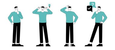 Bir grup ofis çalışanı mavi gömlekli, düz ve az sayıda vektör çizimi tarzında giyinir. Çeşitli eylemlerde sunum. Ofis planlama, düşünme ve ekonomik analizde çalışan insanlar.