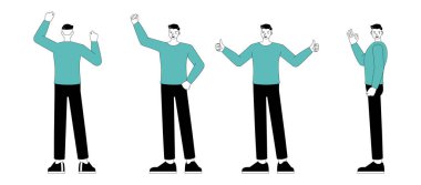 Bir grup ofis çalışanı mavi gömlekli, düz ve az sayıda vektör çizimi tarzında giyinir. Çeşitli eylemlerde sunum. Ofis planlama, düşünme ve ekonomik analizde çalışan insanlar.