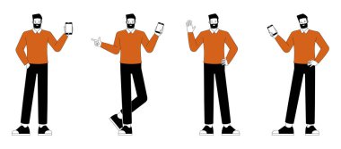 Bir grup ofis çalışanı, turuncu gömlekli, düz ve az sayıda vektör çizimi tarzında giyinir. Çeşitli eylemlerde sunum. Ofis planlama, düşünme ve ekonomik analizde çalışan insanlar.