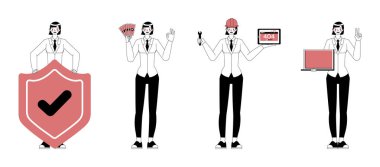 Bir grup ofis kadını beyaz takım elbise giyiyorlar düz ve az sayıda vektör çizimi tarzında. Çeşitli eylemlerde sunum. Ofis planlama, düşünme ve ekonomik analizde çalışan insanlar.