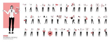 Büyük ofis kadınları beyaz takım elbise giyiyorlar düz ve az sayıda vektör çizimi tarzında. Çeşitli eylemlerde sunum. Ofis planlama, düşünme ve ekonomik analizde çalışan insanlar.