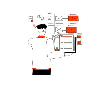 Bir prototip karakter taslağı oluşturan iş adamı düz ve minimum vektör çizim tasarım biçimi.