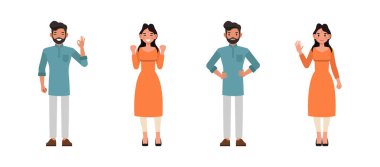 Hintli erkek ve kadın karakter vektör dizaynı. İşadamı ve işkadını işaret veriyor, tamam ve gülümsüyor. İzole edilmiş beyaz arkaplanda çeşitli eylemlerde sunum.
