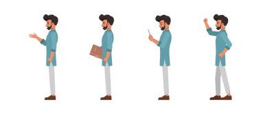 Hintli işadamlarının yan görünüşü mavi gömlekli karakter çizimi tasarımı. Çeşitli eylemlerde sunum. Ofis planlama, düşünme ve ekonomik analizde çalışan insanlar. 