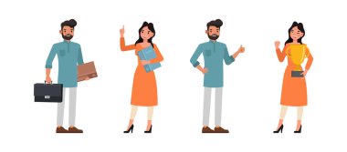 Hintli erkek ve kadın karakter vektör dizaynı. İş adamı ve iş kadını evrak çantası, klasör, kupa ve onayla. İzole edilmiş beyaz arkaplanda çeşitli eylemlerde sunum.