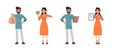 Hintli erkek ve kadın karakter vektör dizaynı. Para çantası, klasör ve grafik çizelgesi tutan iş adamı ve iş kadını. İzole edilmiş beyaz arkaplanda çeşitli eylemlerde sunum.