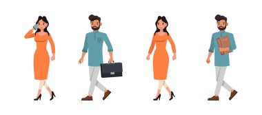 Hintli erkek ve kadın karakter vektör dizaynı. İş adamı ve iş kadını telefonda yürür ve konuşurlar. İzole edilmiş beyaz arkaplanda çeşitli eylemlerde sunum.