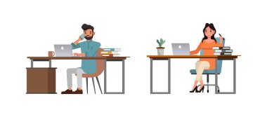 Hintli erkek ve kadın karakter vektör dizaynı. İş adamı ve iş kadını telefonda konuşuyor ve ofis masasında çalışıyor. İzole edilmiş beyaz arkaplanda çeşitli eylemlerde sunum.
