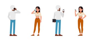 İş adamı ve iş kadını karakter tasarımı seti. Ofis planlama, düşünme ve ekonomik analizde çalışan Hintliler. İş adamları telefon illüstrasyonunda tutuyorlar ve konuşuyorlar.