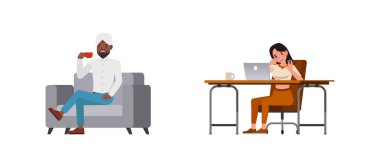 İş adamı ve iş kadını karakter tasarımı seti. Ofis planlama, düşünme ve ekonomik analizde çalışan Hintliler. İş adamları çalışıyor ve kahve resimlerini içiyor..