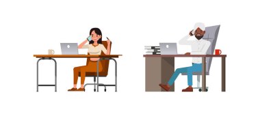 İş adamı ve iş kadını karakter tasarımı seti. Ofis planlama, düşünme ve ekonomik analizde çalışan Hintliler. İş adamları telefon illüstrasyonunda çalışıyor ve konuşuyor.