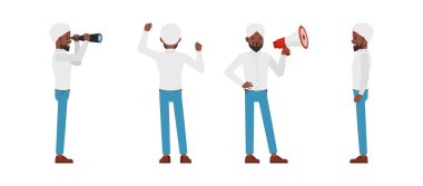 Bir grup işadamı beyaz gömlek, karakter vektör tasarımı giyer. Ofis planlama, düşünme ve ekonomik analizde çalışan Hintliler.