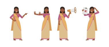 Bir grup iş kadını mor renkli gömlek ve karakter tasarımı giyer. Ofis planlama, düşünme ve ekonomik analizde çalışan Hintliler. Çeşitli eylemde sunum.