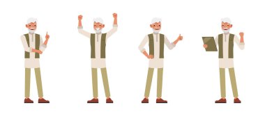 Hintli erkek karakter vektör dizaynı. Ofis işinde mutlu ve başarılı bir iş adamı. İzole edilmiş beyaz arkaplanda çeşitli eylemlerde sunum.
