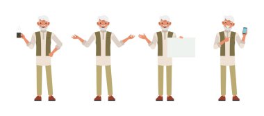 Hintli erkek karakter vektör dizaynı. Elinde kahve, boş kağıt, telefon ve ofiste çalışan bir iş adamı. İzole edilmiş beyaz arkaplanda çeşitli eylemlerde sunum.