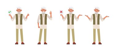 Hintli erkek karakter vektör dizaynı. İşadamı işaretli ve çapraz işaretli tabelayı tutuyor. İzole edilmiş beyaz arkaplanda çeşitli eylemlerde sunum.