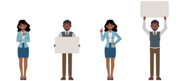 İş adamı ve iş kadını karakter tasarımı seti. Hintlilerin elinde boş kâğıt çizimleri var. Çeşitli eylemde sunum.