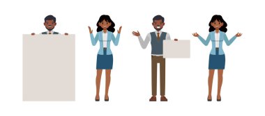 İş adamı ve iş kadını karakter tasarımı seti. Kızılderililer çalışıyor ve ellerinde boş kağıt çizimleri tutuyorlar. Çeşitli eylemde sunum.