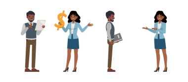 İş adamı ve iş kadını karakter tasarımı seti. Ofis planlama ve ekonomik analiz çizimlerinde çalışan Hintliler. Çeşitli eylemde sunum.