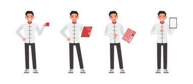 İş adamı karakter vektör dizaynı. Çinlinin elinde klasör ve tablet çizimi var. Çeşitli eylemde sunum.