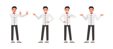 İş adamı karakter vektör dizaynı. Çinli adam öfke ve üzüntü örneklerini ifade ediyor. Çeşitli eylemde sunum.