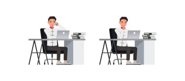 İş adamı karakter vektör dizaynı. Ofis illüstrasyonunda çalışan ve düşünen bir Çinli. Çeşitli eylemde sunum.