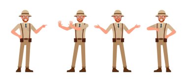 Bir grup arkeolog kahverengi takım elbise, karakter çizimi tasarımı giyer. Çeşitli eylemde sunum.