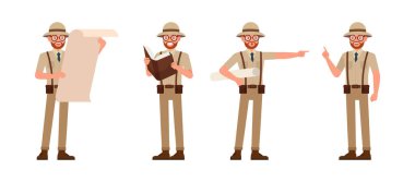 Bir grup arkeolog kahverengi takım elbise, karakter çizimi tasarımı giyer. Çeşitli eylemde sunum.