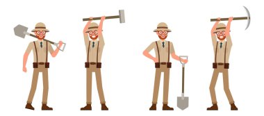 Bir grup arkeolog kahverengi takım elbise, karakter çizimi tasarımı giyer. Çeşitli eylemde sunum.