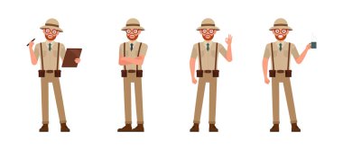 Bir grup arkeolog kahverengi takım elbise, karakter çizimi tasarımı giyer. Çeşitli eylemde sunum.