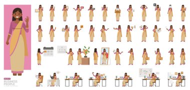 Büyük bir iş kadını seti mor renkli karakter tasarımı giyer. Ofis planlama, düşünme ve ekonomik analizde çalışan Hintliler. Çeşitli eylemde sunum.