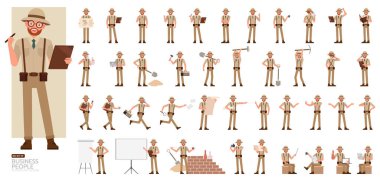 Büyük bir arkeolog seti kahverengi takım elbise, karakter çizimi tasarımı giyer. Çeşitli eylemde sunum.