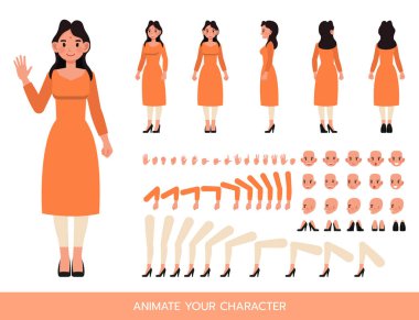 Hintli iş kadını turuncu elbise, karakter çizimi tasarımı giyiyor. Kendi pozunuzu oluşturun.