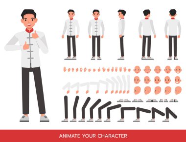 Çinli iş adamı beyaz gömlek karakter çizimi tasarımı giyer. Kendi pozunuzu oluşturun.